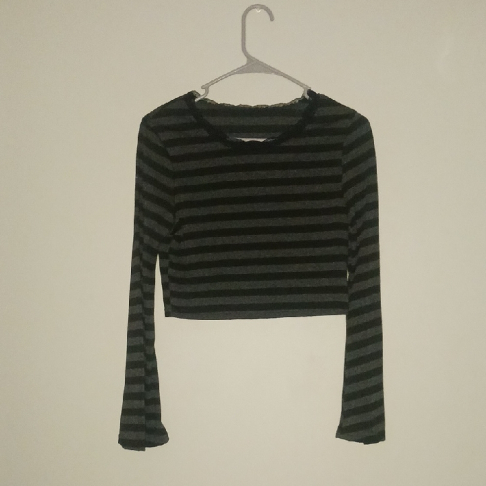 Black and Grey Long Sleeve Fitted Ribbed Crop Blouse Y2K Grunge